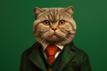 Anthropomorphic Cat Scottish Fold Dressed In A Suit Like A Businessman. Business Concept. AI Generated, Human Enhanced