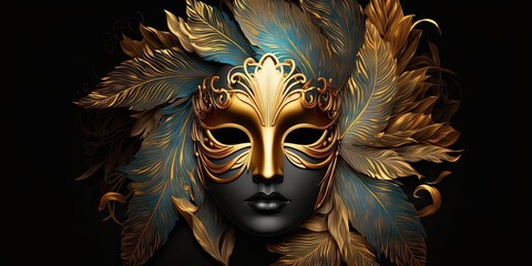 Wall Mural - Venetian carnival mask gold colored feathers beautiful realistic. Generative AI AIG15.