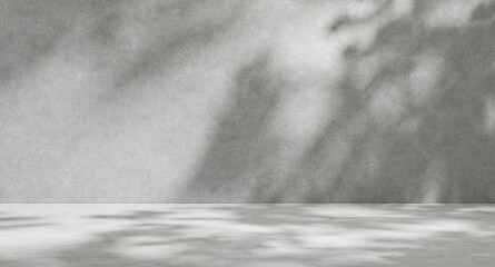 Fototapete - Gray empty cement wall background stage with shadows and sunlight, summer luxury plaster wall background, mock up stage placement wall and platform studio room