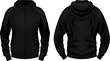 Template of blank black hoodie with pocket. Front and back views. Photo-realistic vector illustration.