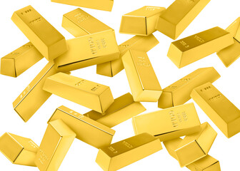 Wall Mural - Many gold bars falling on white background