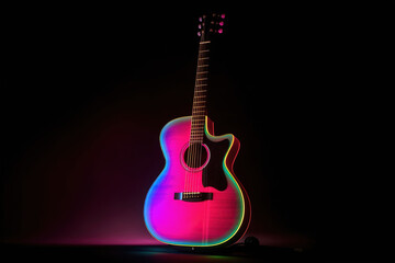 Colorful neon guitar for music festival stage show on black background. Generative AI