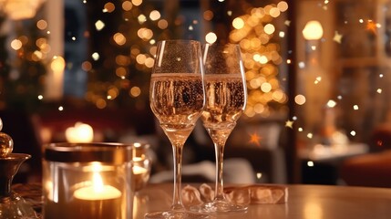 two rose champagne glasses for romantic celebration at high fashion dinning 