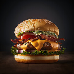 Wall Mural - Perfect bacon cheese burger with beef, tomato, onion and fresh lettuce leaves, dark background. AI Generative AI