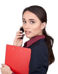 Sticker - Close-up portrait of young businesswoman with phone isolated on white background