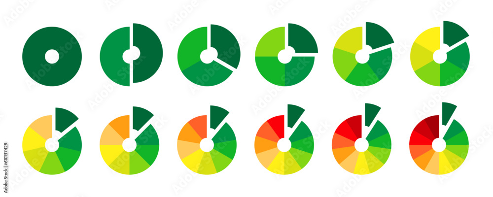 Wheel Chart Examples Multicolored donut sections collection. Wheel charts diagrams with cut ...