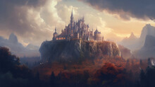 Old Fairytale Castle On The Hill. Fantasy Landscape Illustration.