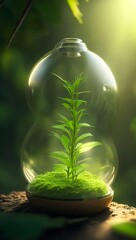 a green plant inside a glass capsule, AI generative