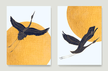 Wall Mural - luxury art background with birds cranes in gold line art style on the background of the sun. set of 