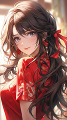 Wall Mural - hand drawn anime cartoon illustration of a girl wearing a chinese cheongsam
