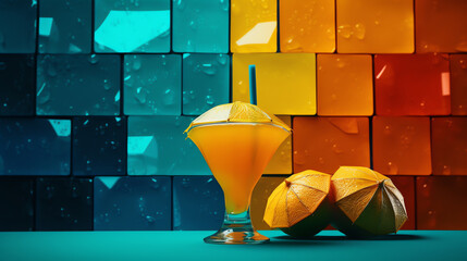 Wall Mural - orange juice with colorful block background ai generated