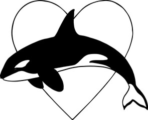 Sticker - vector Orca love black and white cartoon symbol icon