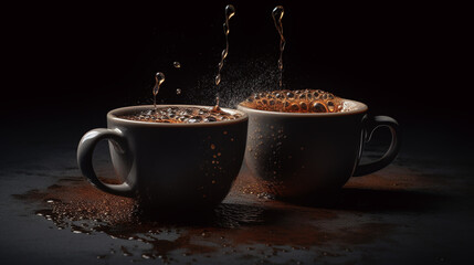 hot coffee in coffee cups on dark background,top view closeup,Generative AI