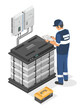 Technician installer working with Solar cell system Saltwater battery set offgrid inverter element isometric isolated cartoon