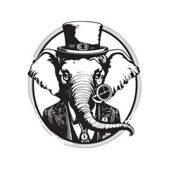 elephant inventor, vintage logo line art concept black and white color, hand drawn illustration