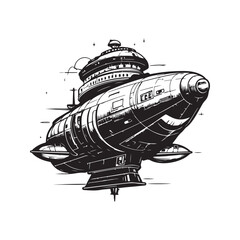 Wall Mural - giant spaceship, vintage logo line art concept black and white color, hand drawn illustration