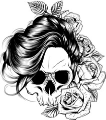 Poster - Monochrome Vintage woman skull with rose vector illustration on white background