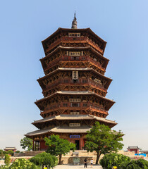 Wall Mural - Yingxian Wooden Pagoda or Sakyamuni Pagoda at Fogong Temple in Ying County, Shuozhou, Shanxi, China on August 9, 2011. Built in 1056. Tallest and oldest existing wooden tower in the world.