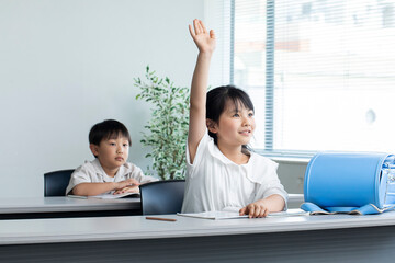 Wall Mural - 授業で手を挙げる子ども　child raising hand in class