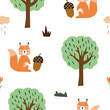 Seamless vector pattern with cute squirrels in the wood. Woodland Cartoon Animals Background. design for fabric, wrapping, textile, wallpaper, apparel and all your creative project.