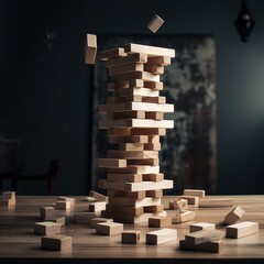 Wall Mural - A jenga tower falling down. Generative AI.