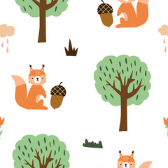 Wall Mural - Seamless vector pattern with cute squirrels in the wood. Woodland Cartoon Animals Background. design for fabric, wrapping, textile, wallpaper, apparel and all your creative project.