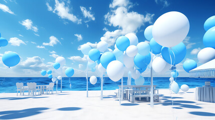 party in beach with blue balloon decoration background ai generative