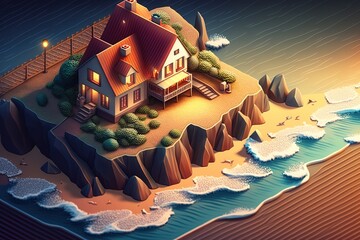 3d isometric beach with houses suitable for vacation generated ai