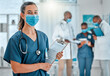 © Kirsten Davis/peopleimages.com - Hospital, doctor and portrait of woman with clipboard for medical report, results and medicine. Healthcare, clinic and female nurse with face mask, checklist and insurance information for consulting