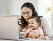 © Clement Coetzee/peopleimages.com - Remote work, happy woman and baby with laptop, glasses and freelance worker with online project in apartment. Working from home office, mother and girl child with internet search and virtual job.