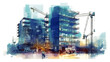 illustration of digital design of buildings with graphic design, Working civil engineers, architects or construction workers, double exposure, generated in AI