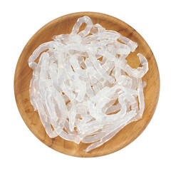 Wall Mural - top view overhead flat lay clear kelp seaweed noodle in wood plate isolated on white background. clear kelp seaweed noodle in wood plate. pile of clear kelp seaweed noodle in wood plate