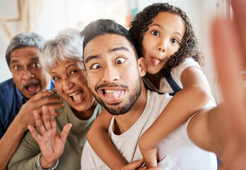 Sticker - Happy family, portrait and silly face selfie for social media, vlog or funny online post at home. Grandparents, father and child with goofy expression for photo, memory or profile picture together