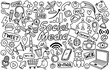 © andin - Hand drawn set of social media sign and symbol doodles elements. Isolated on white background.