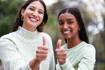 Sticker - Young women, thumbs up and university students happy for education or success or like their school study as winning friends. Agreement, yes and and female scholars smile for achievement or on campus