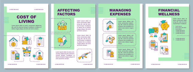 Cost of living green brochure template. Household budget. Well being. Leaflet design with linear icons. Editable 4 vector layouts for presentation, annual reports. Arial, Myriad Pro fonts used