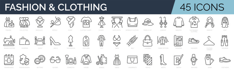 Set of 45 line icons related to fashion, sewing, clothing. Outline icon collection. Editable stroke. Vector illustration.