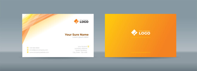 Wall Mural - Double sided business card templates with illustrations of randomly stacked transparent orange-yellow triangles on a orange-white background