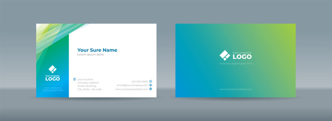 Wall Mural - Double sided business card templates with illustrations of randomly stacked transparent blue-green triangles on a blue-white background