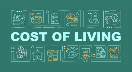 Wall Mural - cost of living word concepts dark green banner. well being. infographics with editable icons on colo