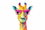 Fototapeta  - A crtoon colorful giraffe with sunglasses on white background. Colorful. Generative AI