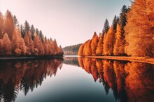Serene Lake Mirroring The Vibrant Autumn Colors Of Surrounding Trees
