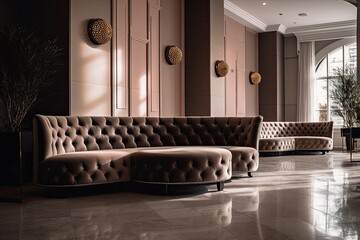 Sticker - Luxury hotel lobby interior with leather sofas and armchairs, A luxurious hotel lobby interior with a comfortable and stylish waiting area, AI Generated