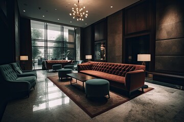 Sticker - Luxury hotel lobby interior with sofas and armchairs, A luxurious hotel lobby interior with a comfortable and stylish waiting area, AI Generated