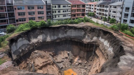 A collection of pictures depicting the rapid development of a sinkhole in an urban vicinity.