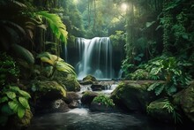 Misty Enchanted Waterfall In Rainforest. Generative AI, Generative AI