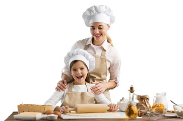 Canvas Print - The beautiful young mother and her little daughter cook at home