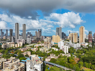 Modern City high-rise skyscraper buildings. Aerial drone view of the Financial District in Mumbai. Daytime Mumbai City, India