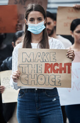 Protest poster, woman and face mask portrait with fight, human rights and rally sign in city. Urban, group and protesting people with a female person holding pro vaccine movement signage on a street