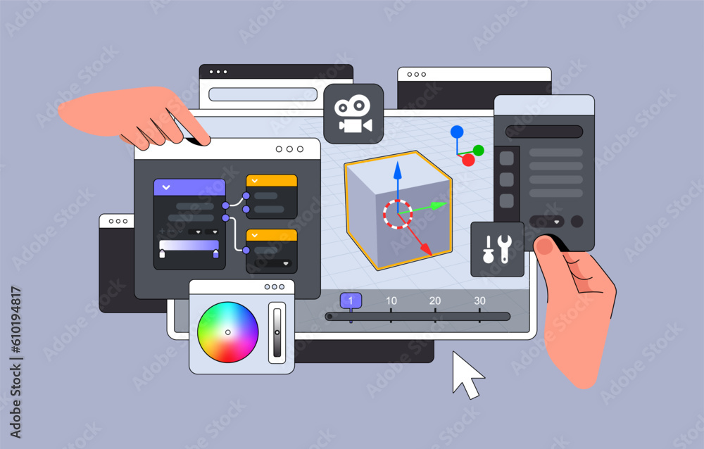 3d Editor Program interface with hands. Big Dashboard for moduling. Vector illustration
